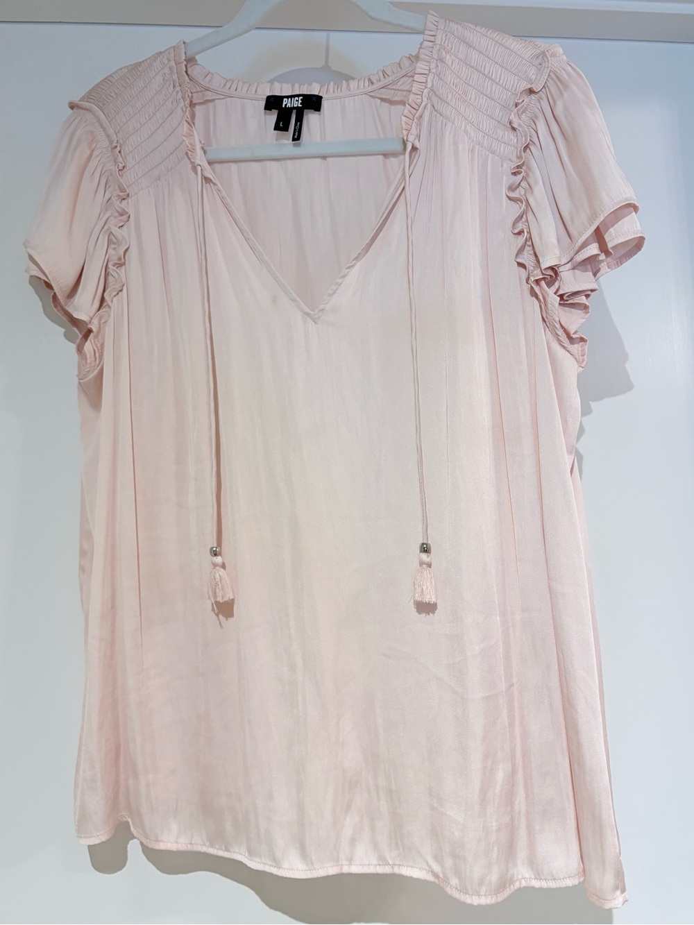 PAIGE Pale Blush V-Neck Tassel Ruffle Sleeve Blouse